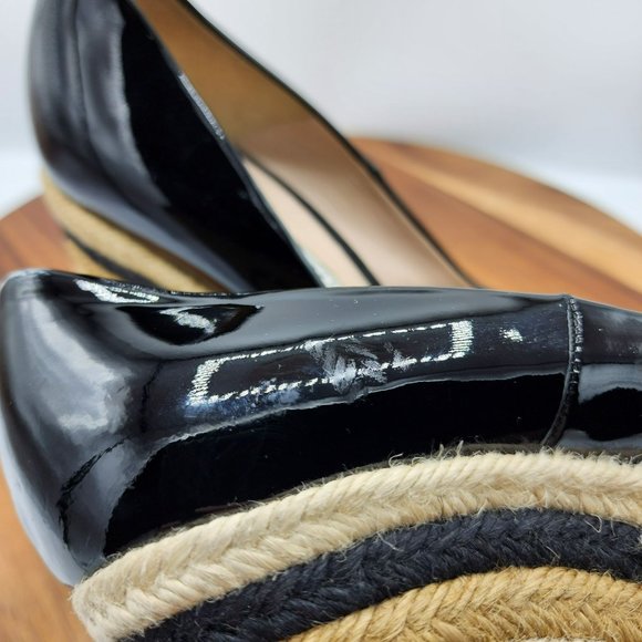 Brian Atwood Wedges Heels 40 Black Tan Cream Patent Leather Peep Toe Espadrilles - Picture 11 of 13